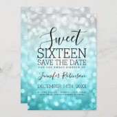 Sweet 16 Party Silver Aquamarin Glitzer Lights Save The Date (Vorne/Hinten)