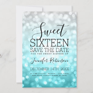 Sweet 16 Party Silver Aquamarin Glitzer Lights Save The Date