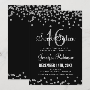 Sweet 16 Party Silver & Black Glitzer Confetti Einladung