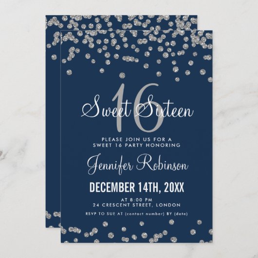 Sweet 16 Party Silver & Navy Glitzer Confetti Einladung (Vorne/Hinten)