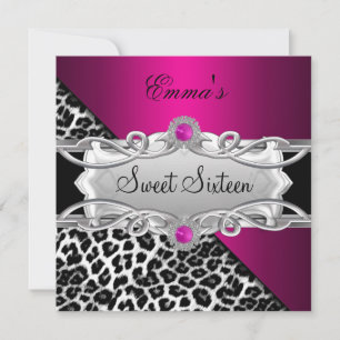 Sweet 16 Party Silver Pink Schwarz-weiß Leopard Einladung