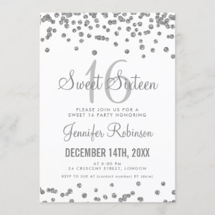 Sweet 16 Party Silver & White Glitzer Confetti Einladung