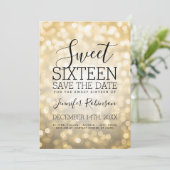 Sweet 16 Party Sparkling Gold Glitzer Lights Save The Date (Stehend Vorderseite)