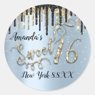 Sweet 16. Party Stars Gold Confetti Smoky Blau Runder Aufkleber