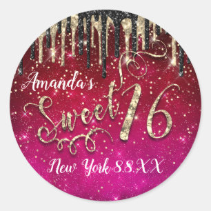 Sweet 16. Party Stars Gold Confetti Tropfen Pink Runder Aufkleber