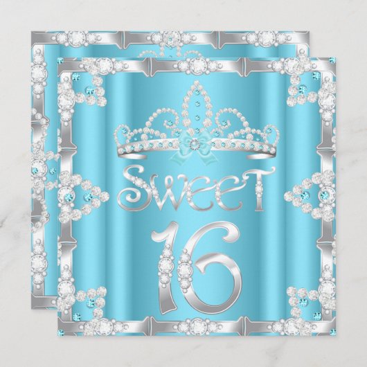 Sweet 16 Party Tiara Aquamarin Blue Imitate Diamon Einladung (Vorne/Hinten)