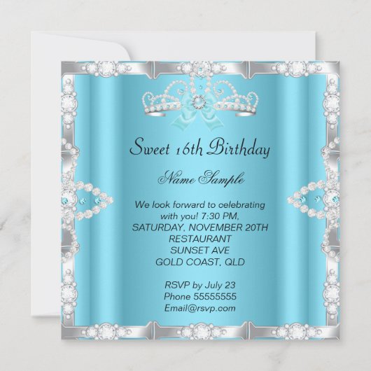 Sweet 16 Party Tiara Aquamarin Blue Imitate Diamon Einladung (Rückseite)