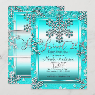 SWEET 16 Party Türkis Glitter Glam Winter Schneefl Einladung