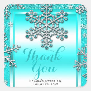 SWEET 16 Party Türkis Glitter Glam Winter Schneefl Quadratischer Aufkleber