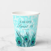 Sweet 16 Peacock Feathers Blue Aquamariner Glitzer Pappbecher (Rückseite)