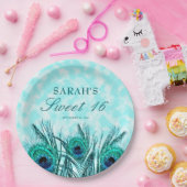 Sweet 16 Peacock Feathers Blue Aquamariner Glitzer Pappteller (Party)