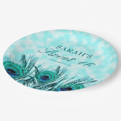 Sweet 16 Peacock Feathers Blue Aquamariner Glitzer Pappteller (Schrägansicht)