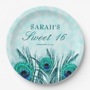 Sweet 16 Peacock Feathers Blue Aquamariner Glitzer Pappteller