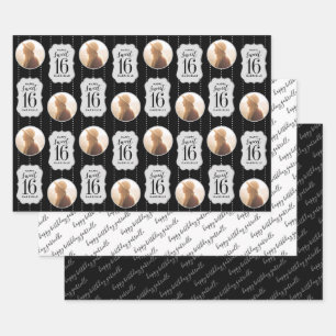 Sweet 16 Personalisiert Foto und Name Schwarz-wei Geschenkpapier Set
