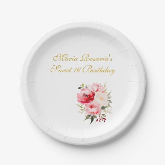Sweet 16 Personalisiertes Blumengeschirr Pappteller (Vorderseite)