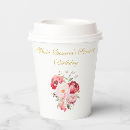 Sweet 16 Personalized  Floral Tableware Pappbecher (Rückseite)