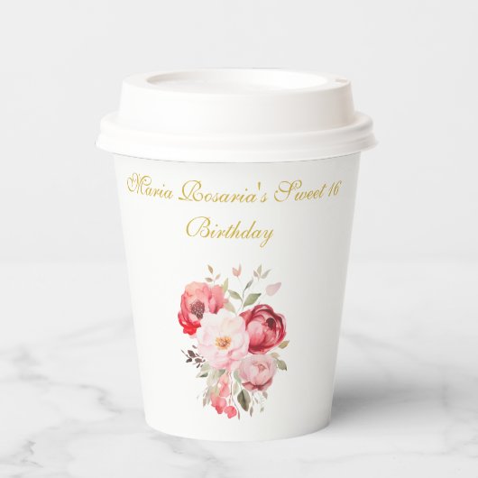 Sweet 16 Personalized  Floral Tableware Pappbecher (Vorderseite)