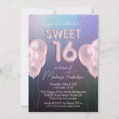 Sweet 16 Pink Balloons auf Dark Holographic Einladung (Vorderseite)