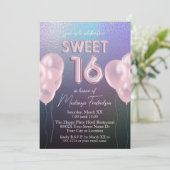 Sweet 16 Pink Balloons auf Dark Holographic Einladung (Stehend Vorderseite)