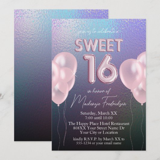 Sweet 16 Pink Balloons auf Dark Holographic Einladung (Vorne/Hinten)