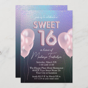 Sweet 16 Pink Balloons auf Dark Holographic Einladung