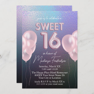 Sweet 16 Pink Balloons auf Dark Holographic Einladung