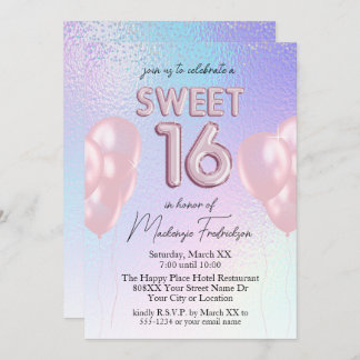 Sweet 16 Pink Balloons auf Holographic Gradient Einladung