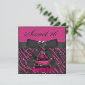 Sweet 16 Pink & Black Cake Imitate Glitzer Zebra Einladung (Stehend Vorderseite)