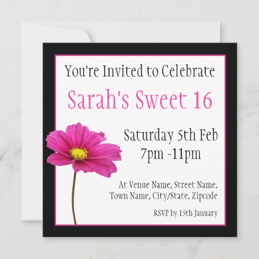 Sweet 16 Pink & Black Floral Einladung (Vorderseite)