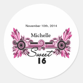 Sweet 16 Pink Black Scrolls & Wirbel Name Datum Runder Aufkleber