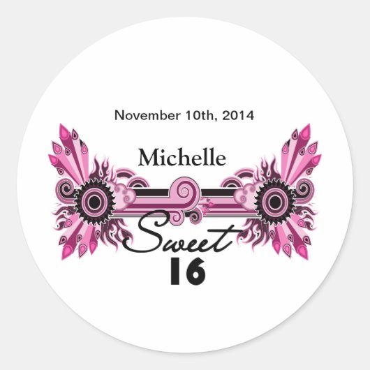 Sweet 16 Pink Black Scrolls & Wirbel Name Datum Runder Aufkleber (Vorderseite)