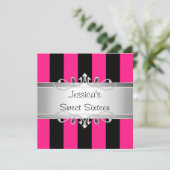 Sweet 16 Pink Black Stripes Silver Jewel Party Einladung (Stehend Vorderseite)