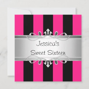 Sweet 16 Pink Black Stripes Silver Jewel Party Einladung