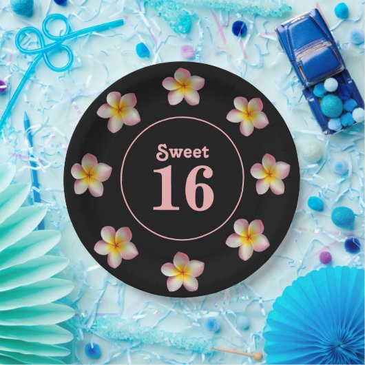 Sweet 16 & Pink Blume auf Black Paper Tellern Pappteller (Party)