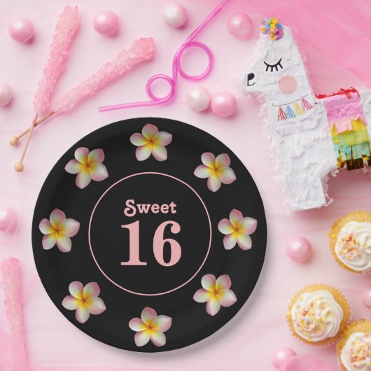 Sweet 16 & Pink Blume auf Black Paper Tellern Pappteller (Party)