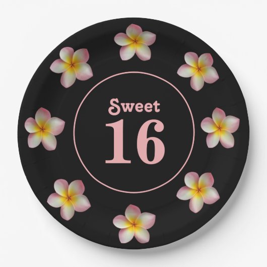 Sweet 16 & Pink Blume auf Black Paper Tellern Pappteller (Vorderseite)