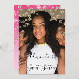 Sweet 16. Pink Blume Gold Ombre Foto Grau Einladung