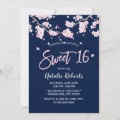 Sweet 16 Pink Blumenkirsche Blossom Navy Blue Einladung (Vorderseite)