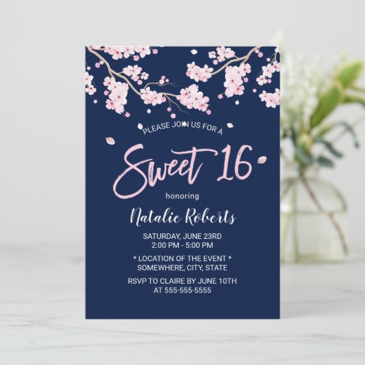 Sweet 16 Pink Blumenkirsche Blossom Navy Blue Einladung (Stehend Vorderseite)