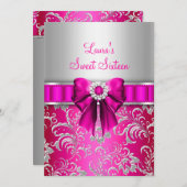 Sweet 16 Pink Bow & Silver Floral Ankündigungen (Vorne/Hinten)