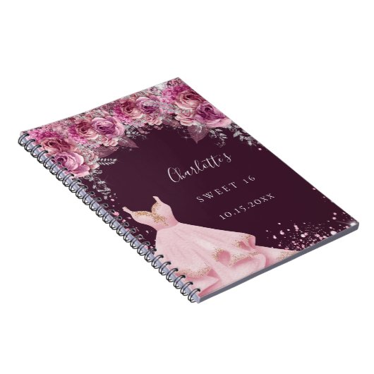 Sweet 16 pink bugundy Blumenkleid Gästebuch Notizblock (Rechte Seite)