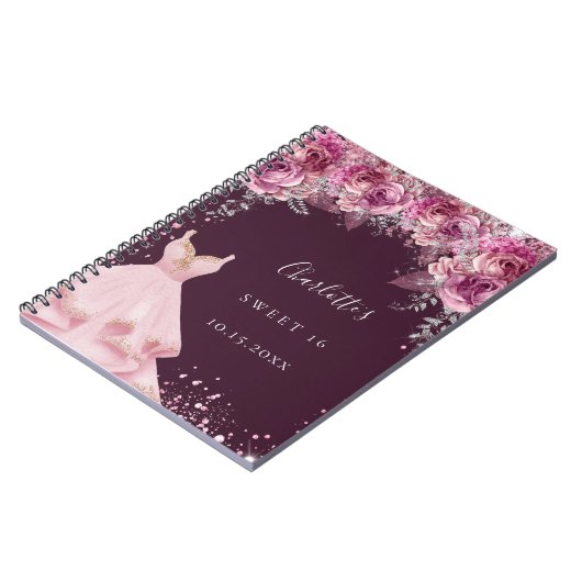Sweet 16 pink bugundy Blumenkleid Gästebuch Notizblock (Linke Seite)