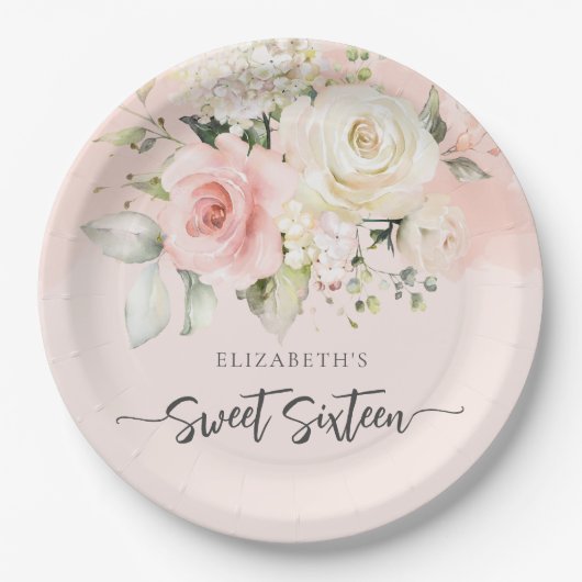 Sweet 16 Pink Floral Geburtstagsparty Pappteller (Vorderseite)