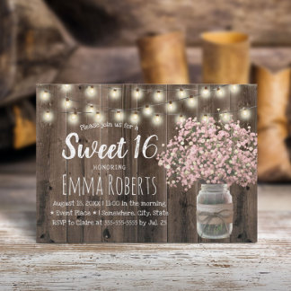 Sweet 16 Pink Gipskraut Floral Jar Barn Wood Einladung