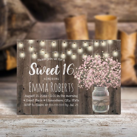 Sweet 16 Pink Gipskraut Floral Jar Barn Wood Einladung