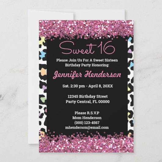 Sweet 16 Pink Glitzer Farbenfrohe Leopard Print Wi Einladung (Vorderseite)