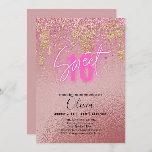 Sweet 16 Pink Glitzer Foil Girly Modern Fl Einladung (Vorne/Hinten)