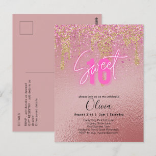 Sweet 16 Pink Glitzer Foil Girly Modern Fl Invita Postkarte