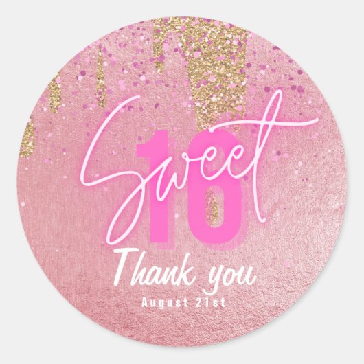 Sweet 16 Pink Glitzer Foil Girly Moderne Rose Gold Runder Aufkleber (Vorderseite)