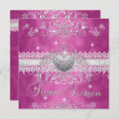 Sweet 16 Pink Glitzer Tiara Spitzenherz Einladung (Vorne/Hinten)